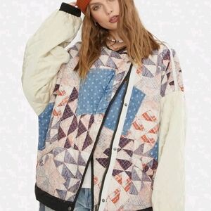 Free People Patchwork Rudy Bomber Jacket in Blue and White Patchwork Style